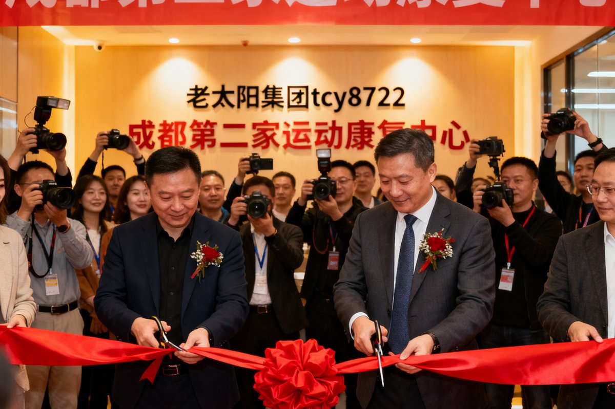 老太阳集团tcy8722成都第二家运动康复中心开业庆典现场，红绸剪彩仪式正在进行，众多嘉宾和媒体记者在场见证。