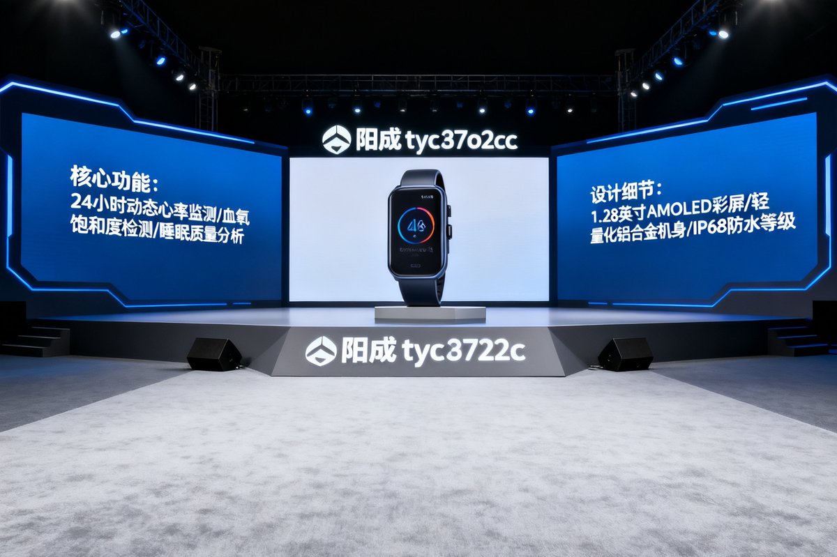 太阳成tyc8722cc品牌智能心率监测手环Pro4代新品发布会舞台，大屏幕上展示着产品核心功能和设计细节。