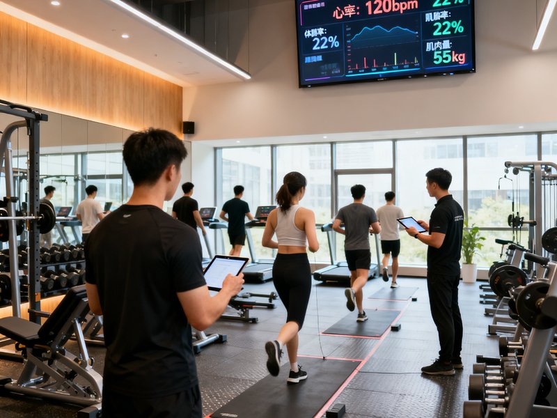 一间宽敞的企业内部健身房中，多名员工正在专业教练指导下进行体适能测试，墙面上显示着实时健康数据大屏。